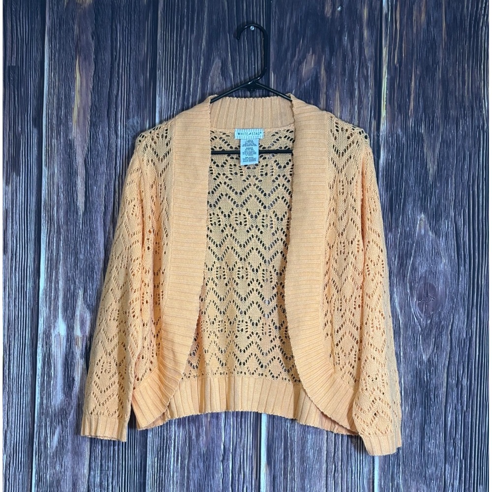 White Stag Open Knit Cardigan Sweater Womens L Peach Crochet Lightweight Layer